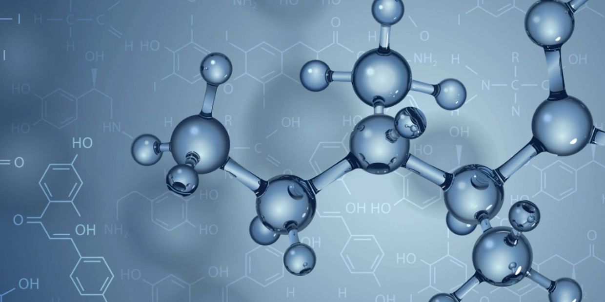 3D molecular structure with chemical formulas in the background.