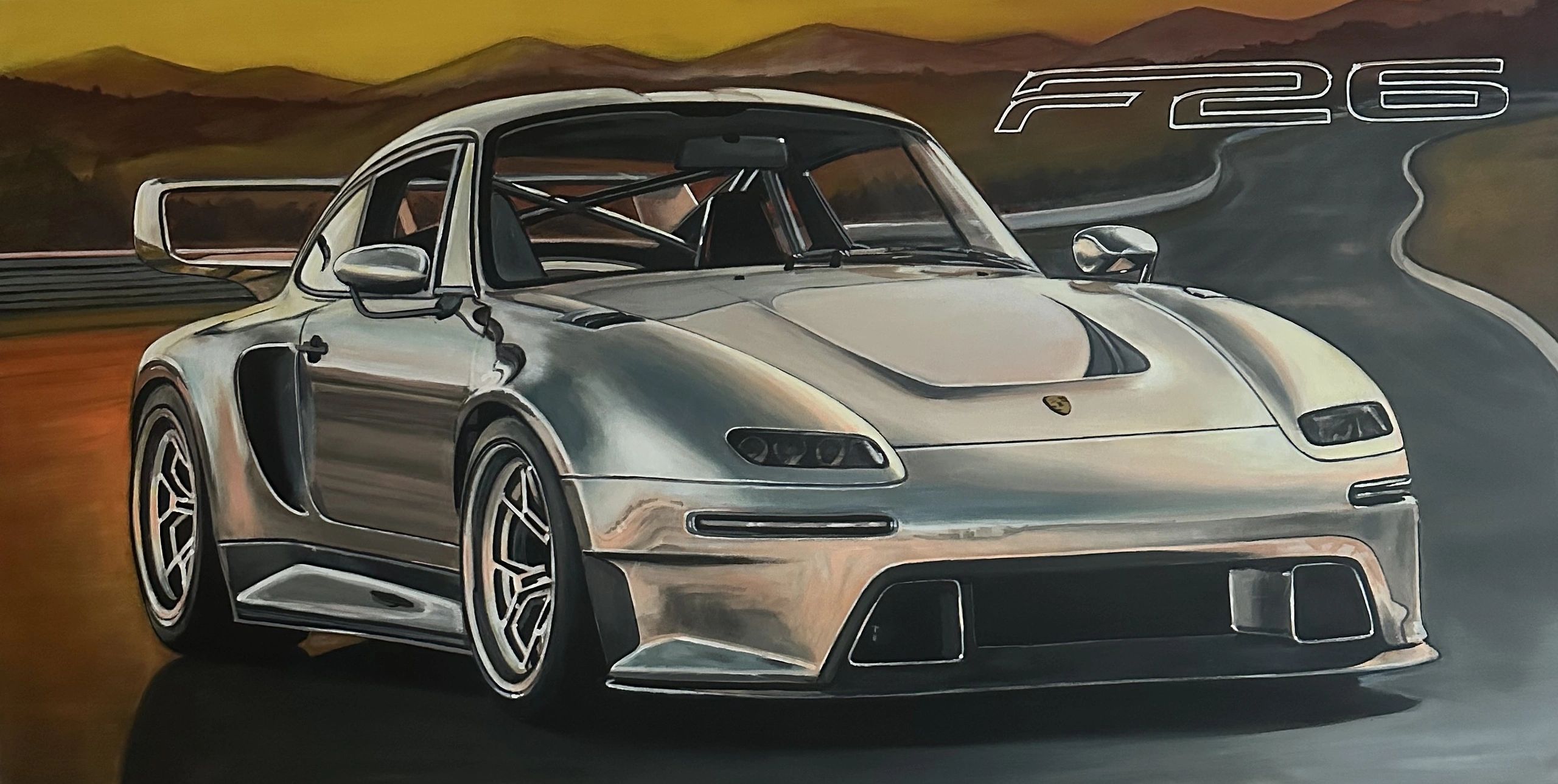 A sleek silver Porsche race car on a winding road with mountains in the background.