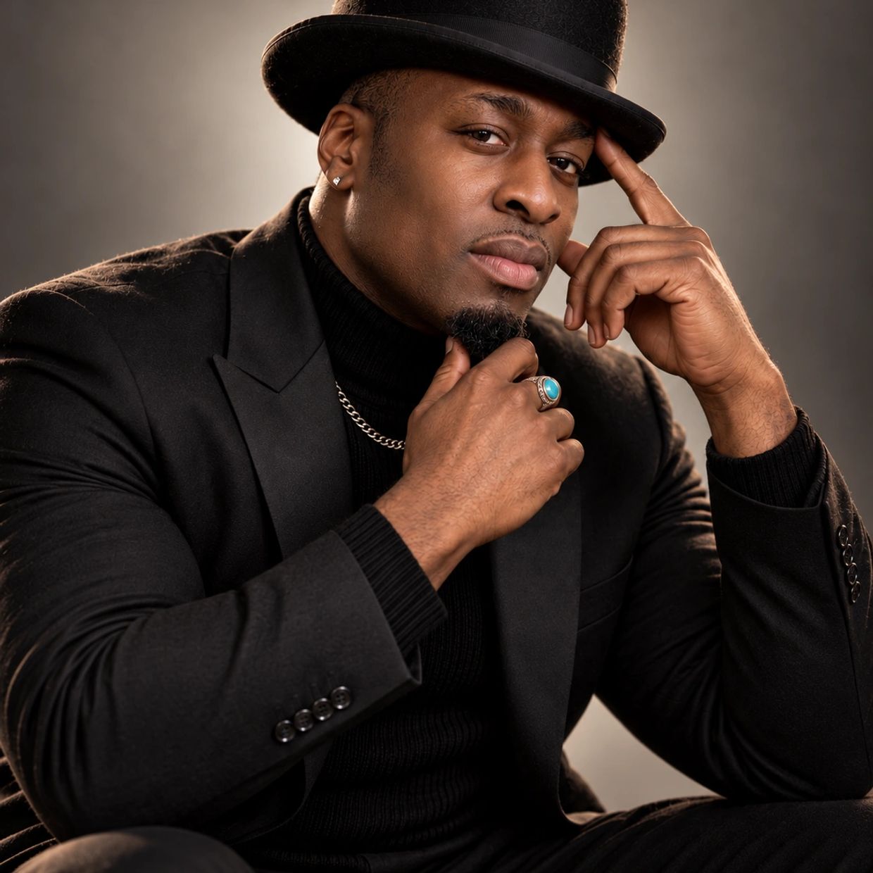 Confident man in a black outfit and hat.