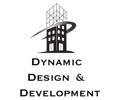 Logo of Dynamic Design & Development showing a building with a swoosh.