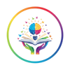 Colorful brain with open book inside a vibrant circular frame.