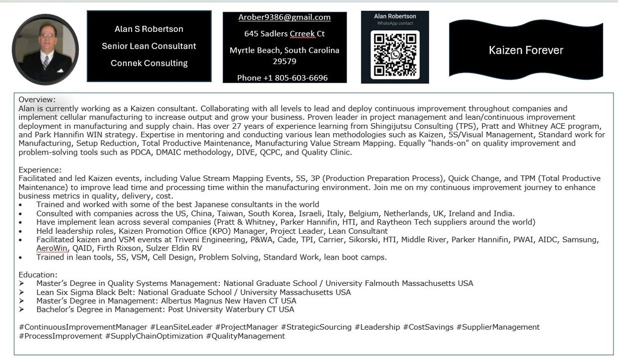 Business card and resume summary of Alan S Robertson, a Senior Lean Consultant.