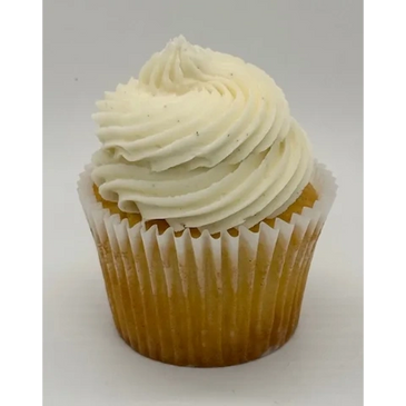 Vanilla cupcake with creamy white frosting swirled on top.