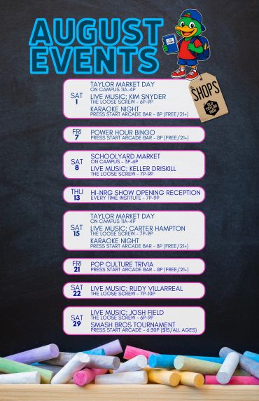 August events schedule with music, bingo, markets, and gaming tournaments.