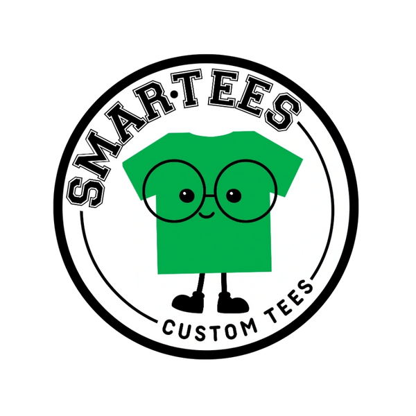 SmarTees logo featuring a green T-shirt with cartoon glasses and smile, labeled “SmarTees Custom Tees.”