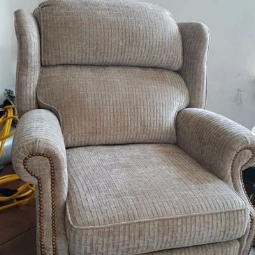 Upholstered Recliner. Decorative Tacks. Chenille fabric. Cushions. Foam. Pottstown. Chester Springs 