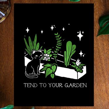 Rebecca Miller Illustration - Colored illustration of "Tend To Your Garden" with cat, coffin, stars.