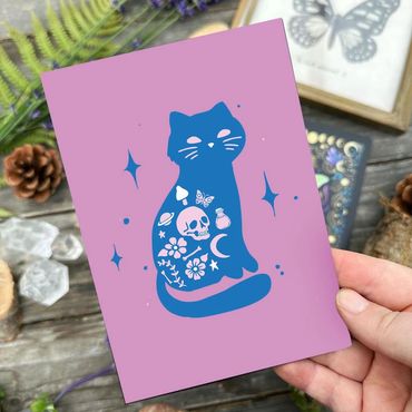 Rebecca Miller Illustration - Hand-drawn colored illustration of a boho chic cat and flowers tattoo.