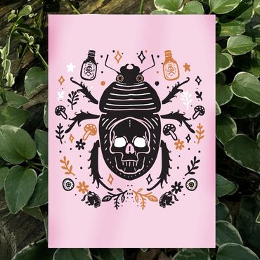 Rebecca Miller Illustration - Folk style linocut of a scarab beetle with a skull & eyes as decor.