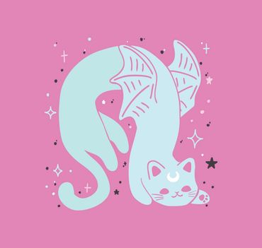 Rebecca Miller Illustration - Cat Dragon - Light blue dragon cat on a pink background with stars.