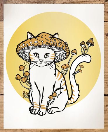 Rebecca Miller Illustration - Mushroom Cat - White and orange tabby cat with mushroom cap for a hat.