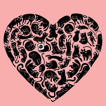 Rebecca Miller Illustration - Hand-drawn colored illustration of black cats in a heart shape.