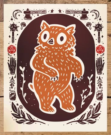 Rebecca Miller Illustration - Owlbear. Owlbear with DND fun elements - pickaxe, moon, D20, & honey.