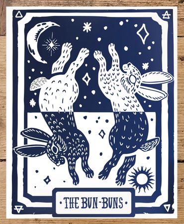 Rebecca Miller Illustration -  The Bun-buns. Two rabbits in a tarot card print illustration style.