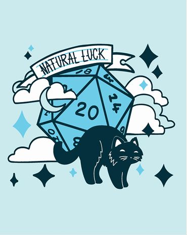 Rebecca Miller Illustration - Colored hand-drawn illustration of a cat, D20, and geeky chic.