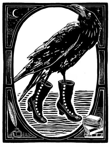 Rebecca Miller Illustration - Black and white hand-drawn illustration of a crow in a pair of boots. n