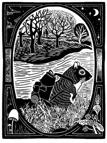 Rebecca Miller Illustration - Black and white hand-drawn illustration of a squirrel woodcut art.