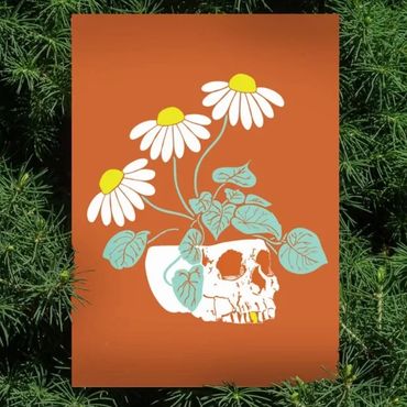 Rebecca Miller Illustration - Hand-drawn colored illustration of a skull planter with daisies flower.