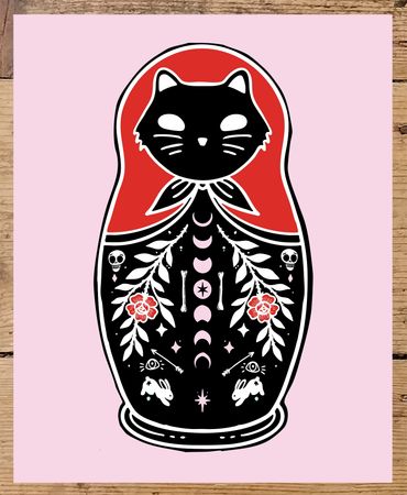 Rebecca Miller Illustration -  Cat Nesting Doll - Matryoshka - red & black  cat on pink background.