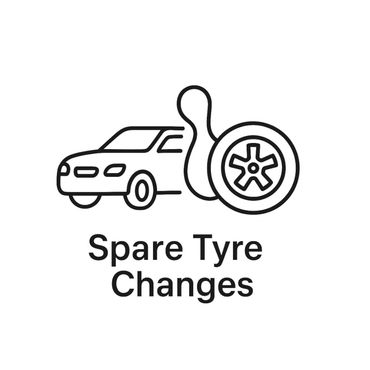 Icon showing car and spare tyre with text for tyre change service.