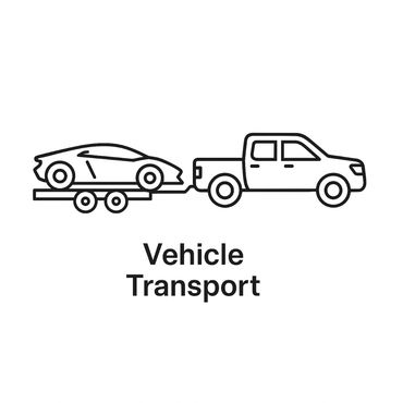 Line art of a pickup truck towing a sports car on a trailer.