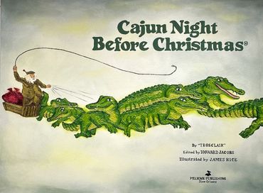 Illustration of a man riding an alligator-drawn sleigh for Cajun Christmas.