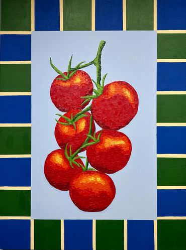 A vibrant painting of a cluster of ripe red tomatoes on a vine with a blue and green checkered border.