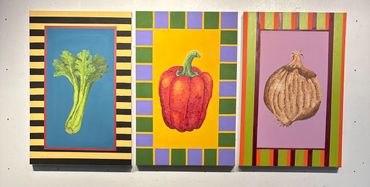 Three colorful paintings of celery, red bell pepper, and onion with patterned borders.