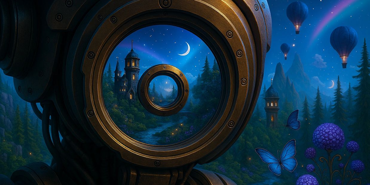 A robot gazes through a circular lens at a mystical night landscape with castles and butterflies.