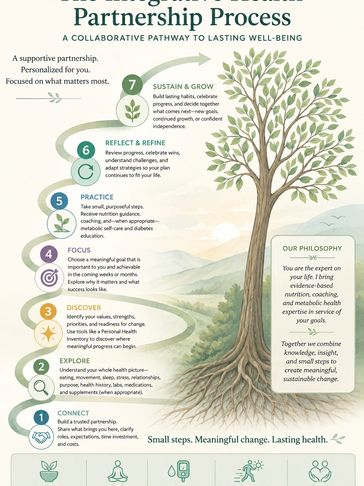 Tree showing the integrative health partnership process of connection, exploration, discovery, focus