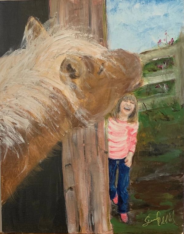 Young girl playing hide and seek with her horse original painting by Susan Caldwell