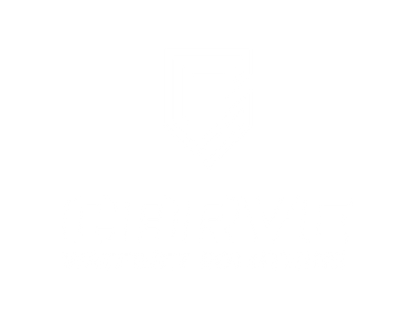 White logo with shield and text on black background.