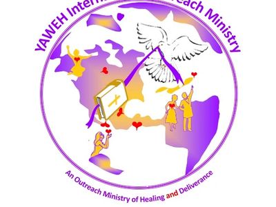 Logo of YAWEH International Outreach Ministry with a dove, Bible, and people holding hearts.