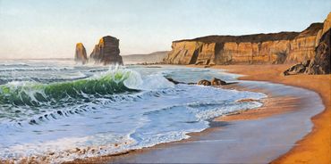 Sunrise seascape painting , glowing orange cliffs