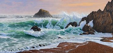 Sunrise seascape painting, waves crashing over rocks onto pebbly beach 