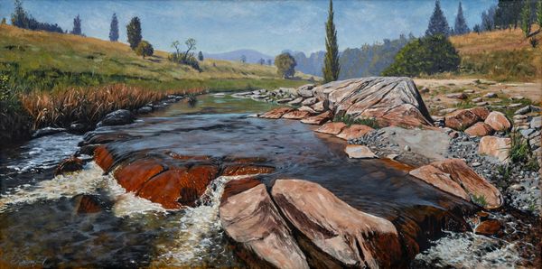 Tumut River, reflections on the river with cascading water over the rocks