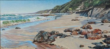 Seascape painting on a beach with a river going out to sea