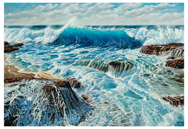 wave crashing on the beach, bright blue water with white foam white wash water