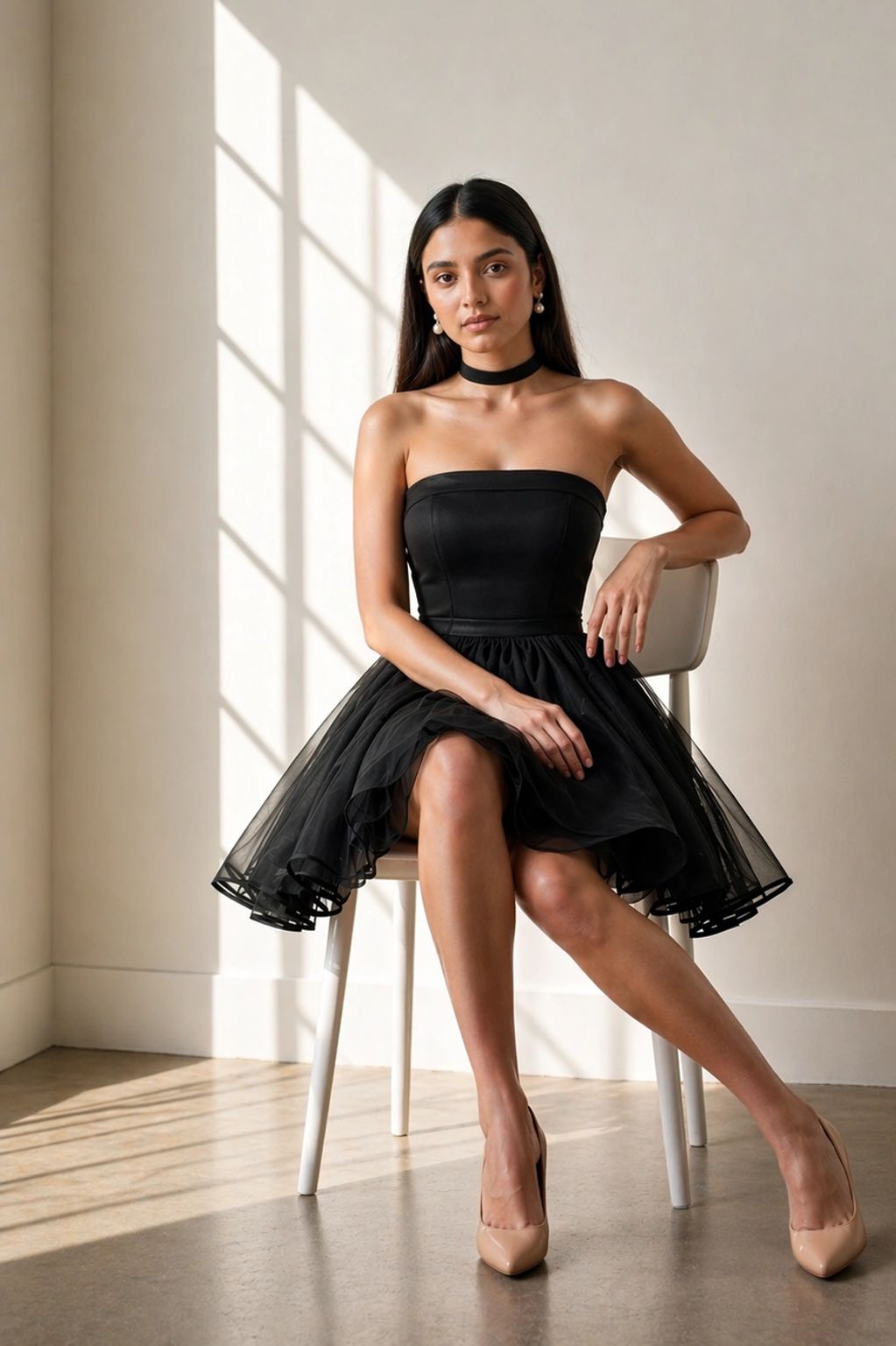 Woman in a black strapless dress sitting on a chair in soft natural light.