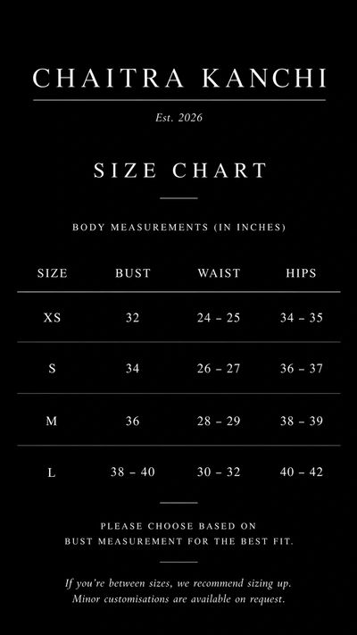 Chaitra Kanchi size chart with bust, waist, and hips measurements in inches for XS to L.