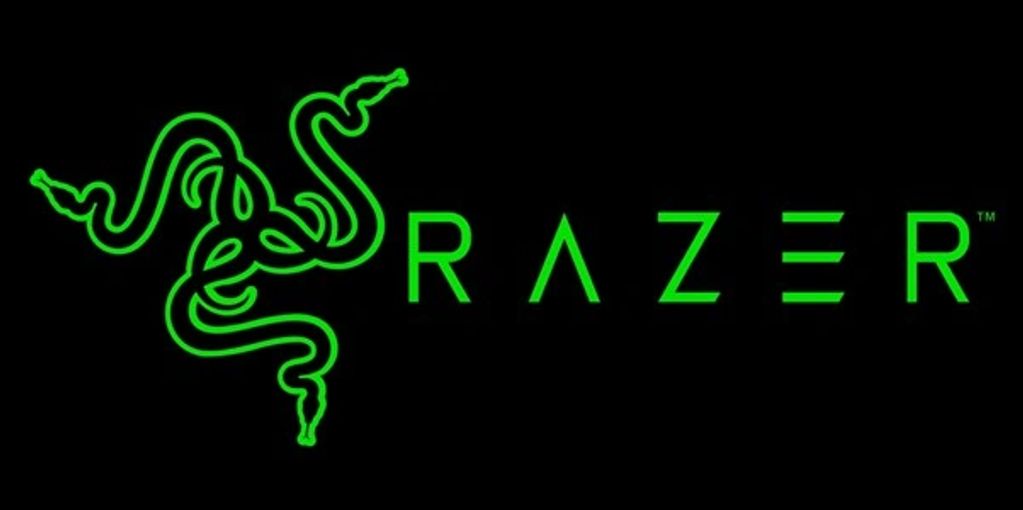 Green Razer logo with three intertwined snakes on black background.
