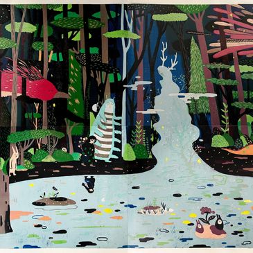 Whimsical forest scene with mystical creatures and colorful plants by a glowing pond.