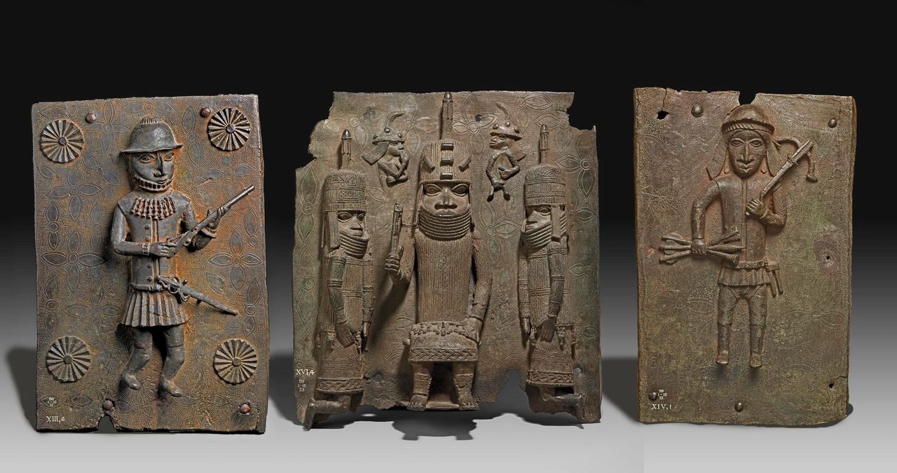 16th century plaque depicting Benin's relations with Europe, one of of the many decorating the Oba's palace, looted by British soldiers in 1897 and now held in the British Museum in London.