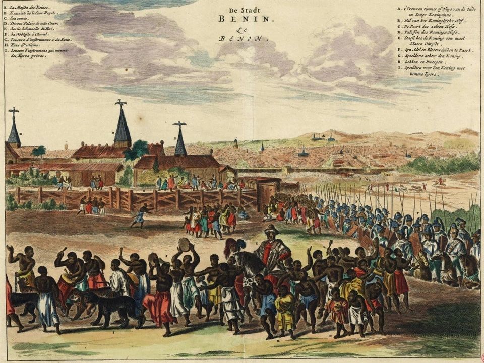 View of City of Benin with Royal Palace, engraving from Description of Africa by Olfert Dapper, 1668
