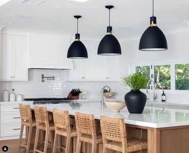 kitchen remodeling photo, kitchen island with tropical style chairs and black 3 lamps  over it