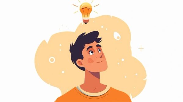 Young man with a light bulb idea.