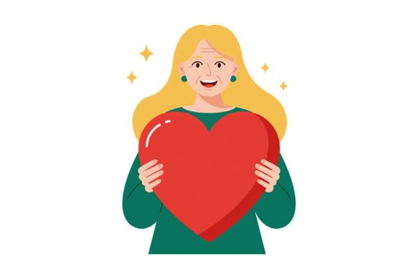 Elderly woman holding a big heart with joy.