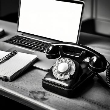 Black rotary phone on desk with laptop and notebook.
