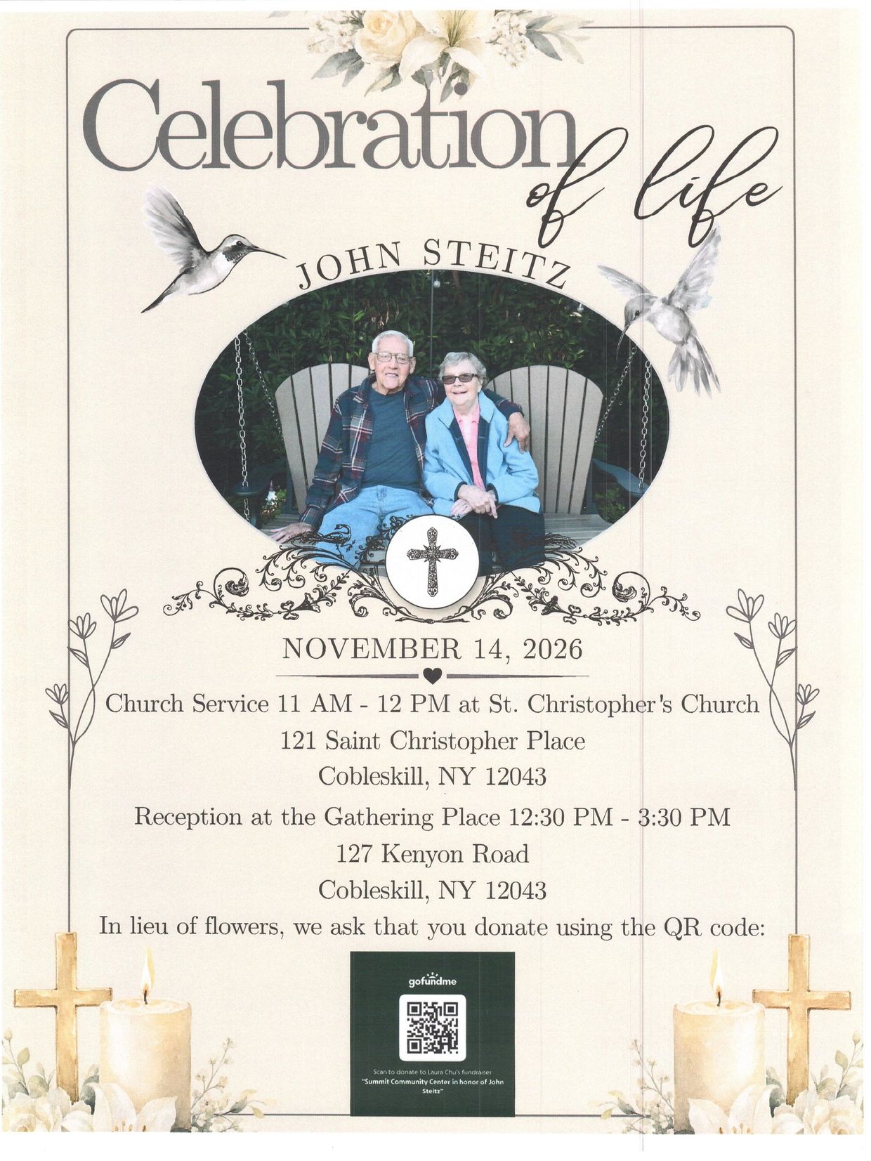 Celebration of life for John Steitz with service and reception details.