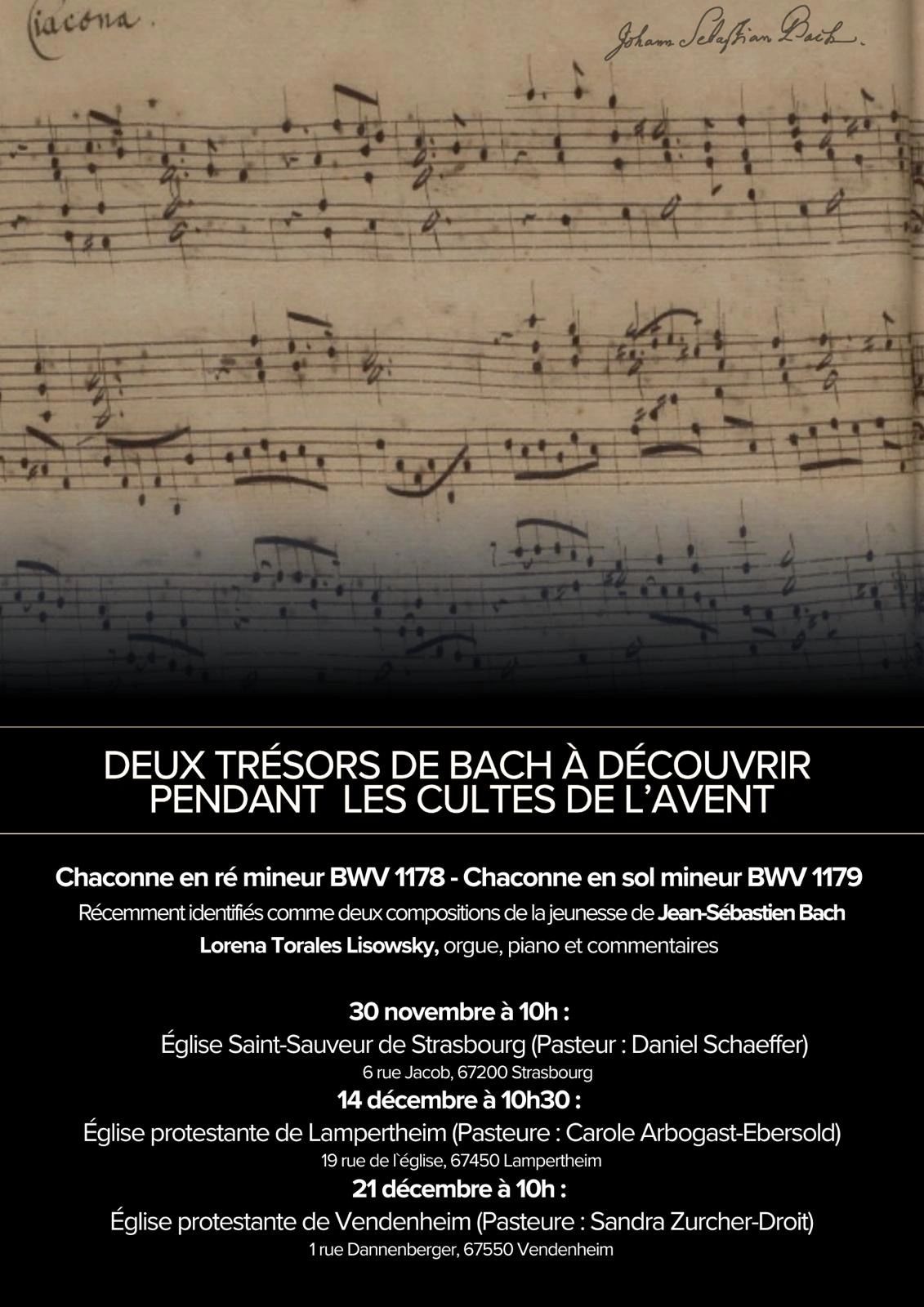 Annonce de concerts de musique de Bach pendant l'Avent à Strasbourg, Lampertheim et Vendenheim.